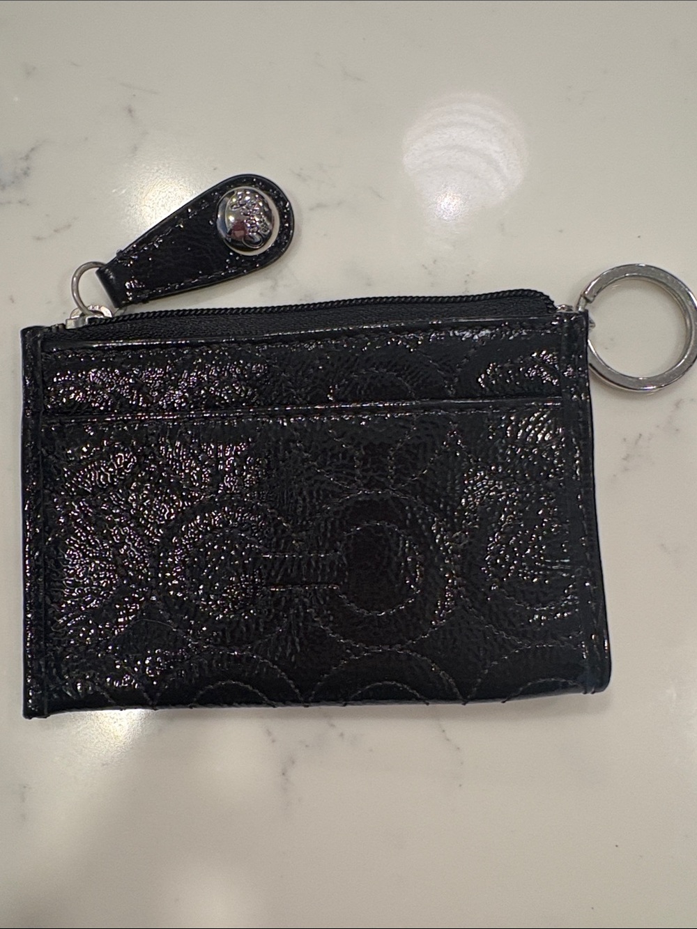 Coach Black Glossy Signature Card Case Keyring